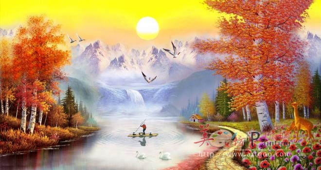 美坊 山水风景油画日出白桦林手绘欧式客厅玄关餐厅装饰画壁画纯手绘油画 大尺寸可定制